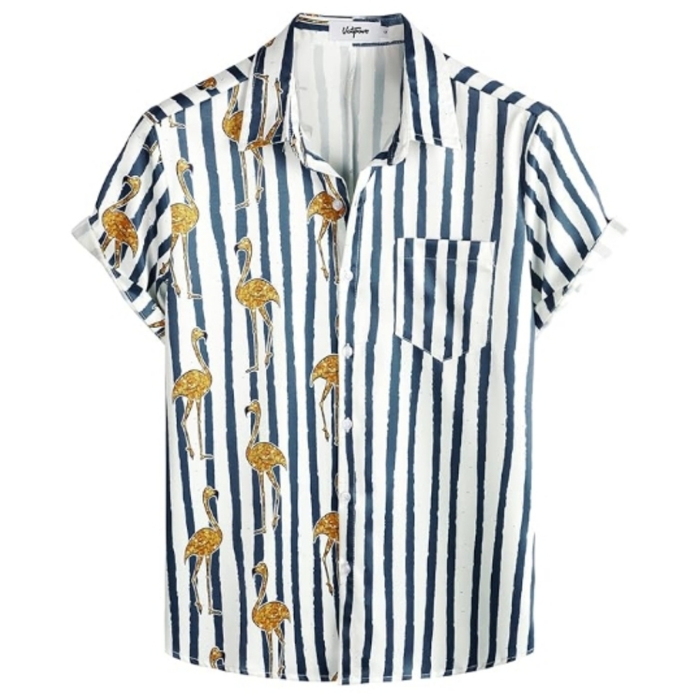 Hawaiian Flamingo Casual Tropical Short Sleeve Shirt Navy